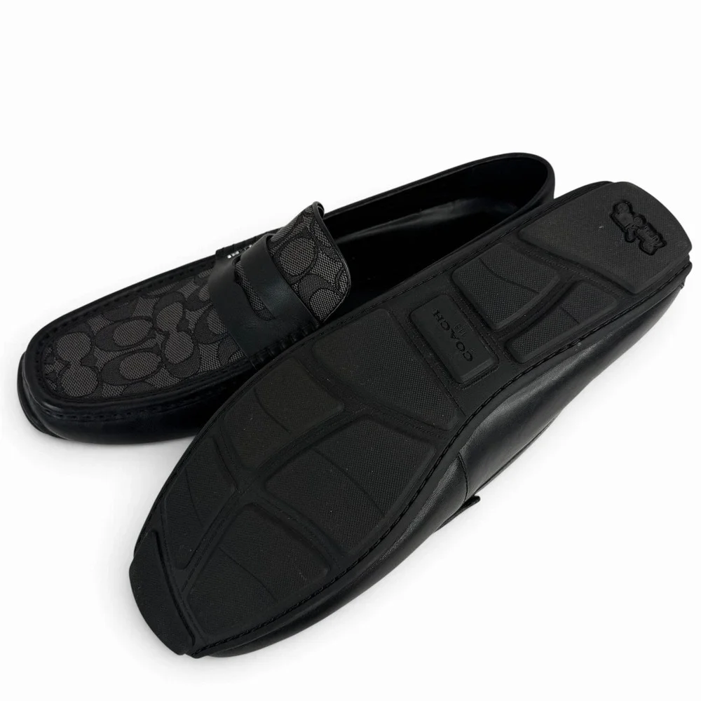 Coach Liam Driver Black Leather Loafers with Jacquard Logo Print Size 11.5 US